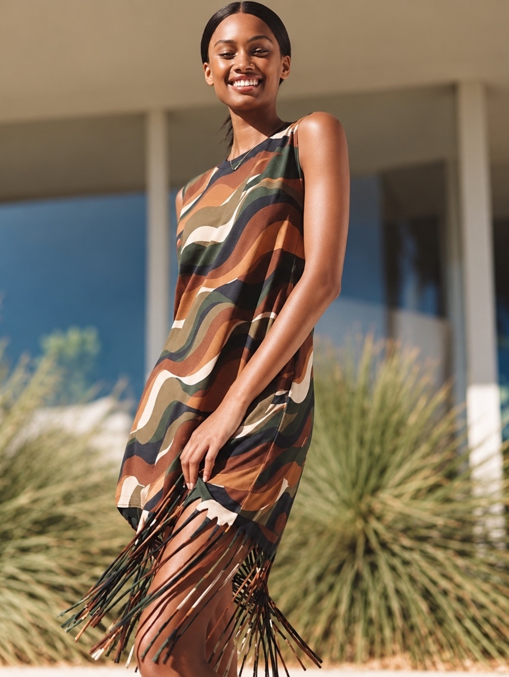 Celandine Anthropologie Brown Abstract Wave Print Knit Fringe Mini Dress Small